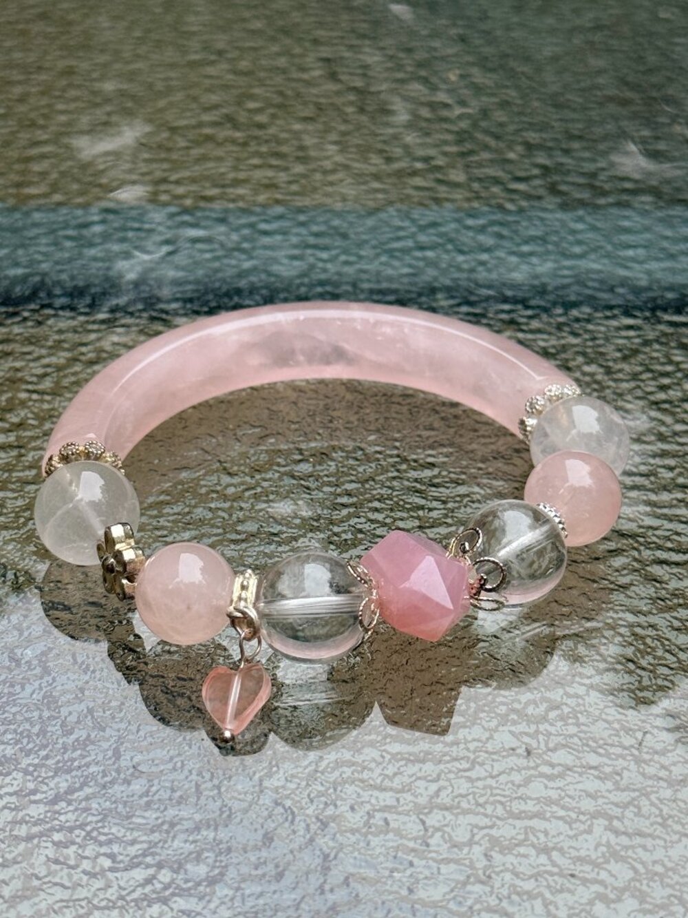 Sweet in Pink Rose Quartz Half Bangle Statement Bracelet